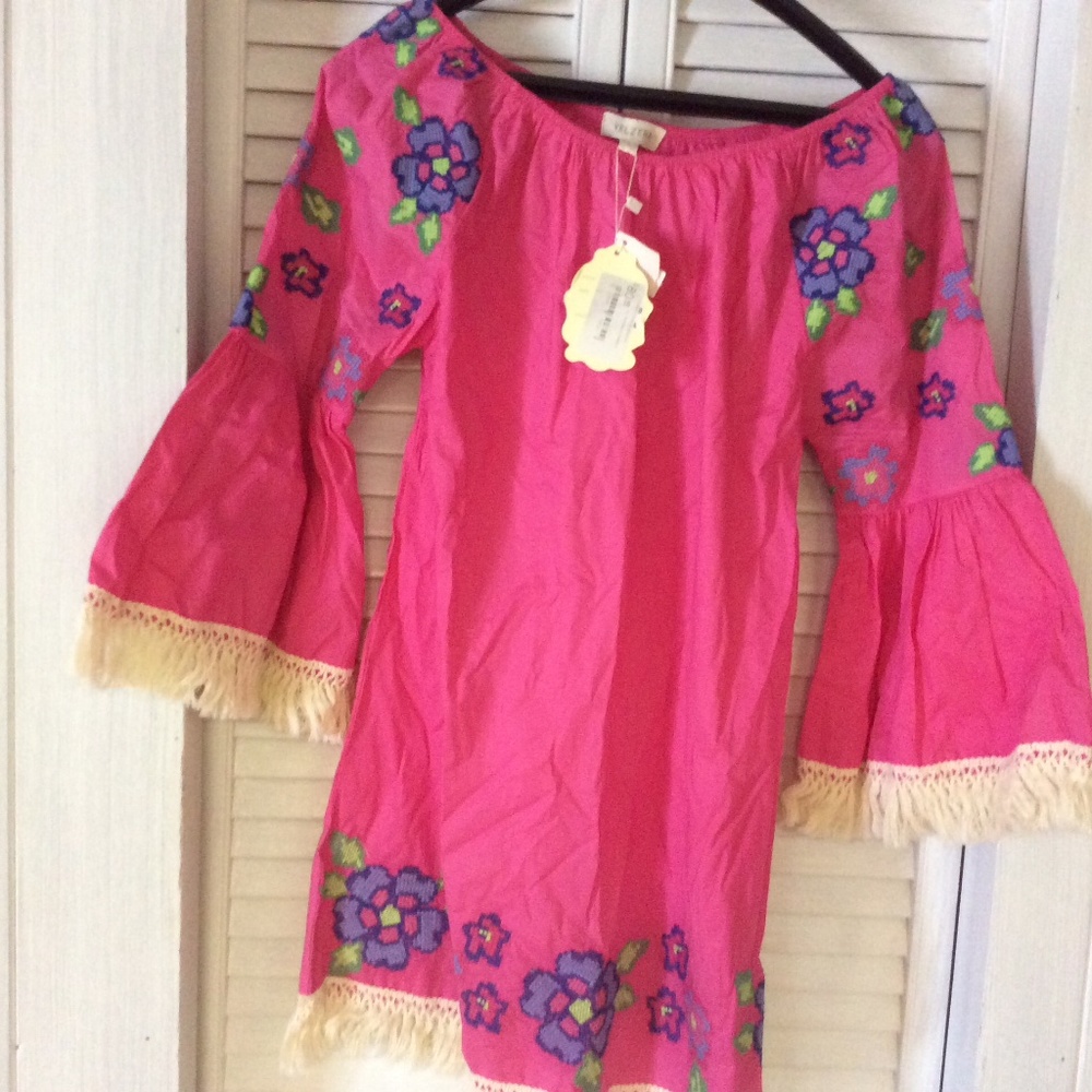 New VELZERA pink floral embroidered bell sleeve FRINGED tunic/dress Size small